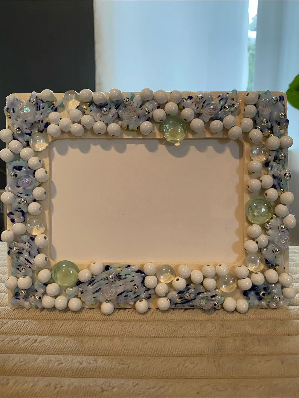 Handcrafted Beaded White and Light Green Decorative Photo Frame
